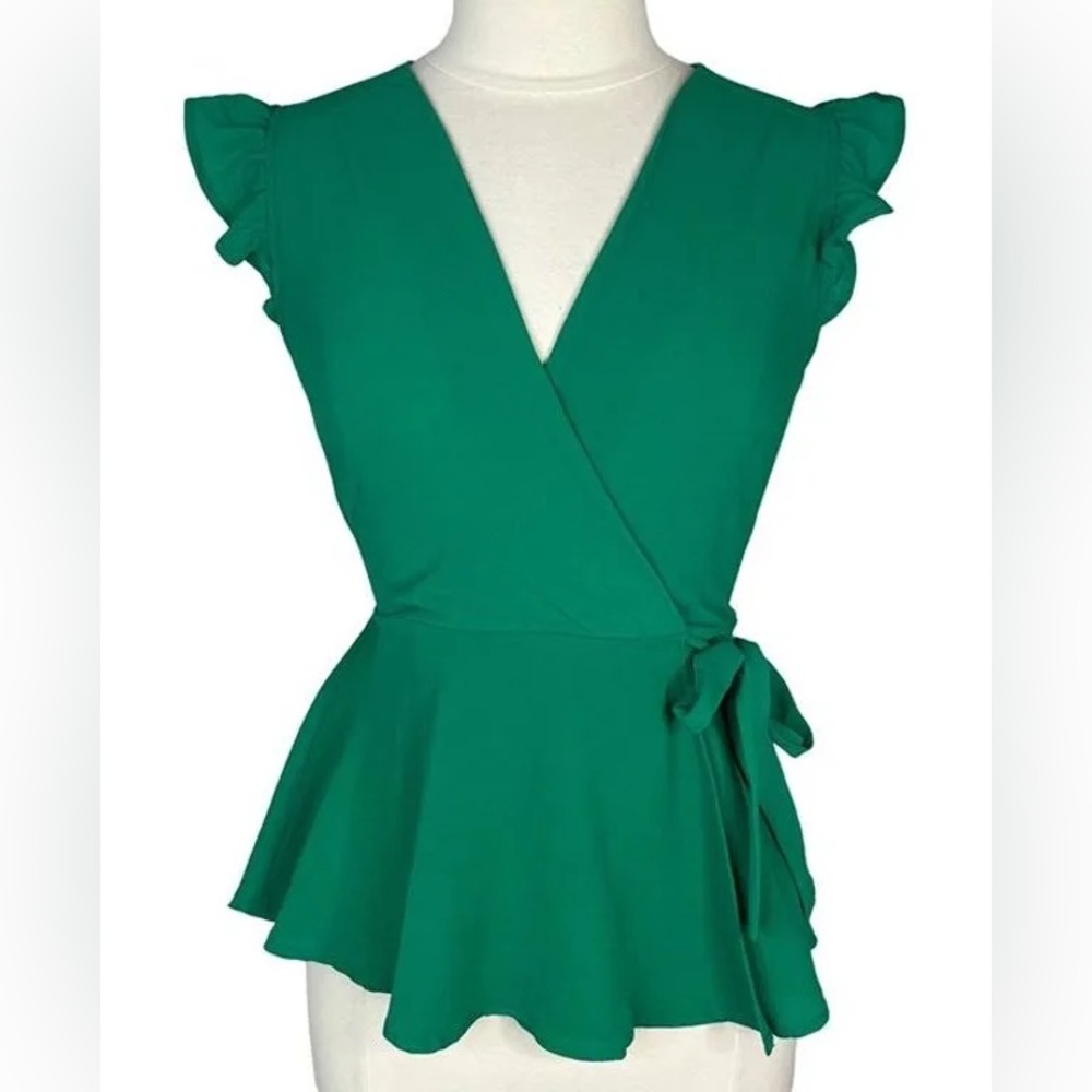 Dark green, faux wrap top with flutter sleeves and peplum style.